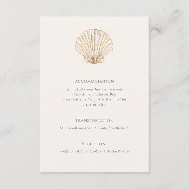 Tarjeta De Recepción Elegant Gold Seashell information Details (Anverso)