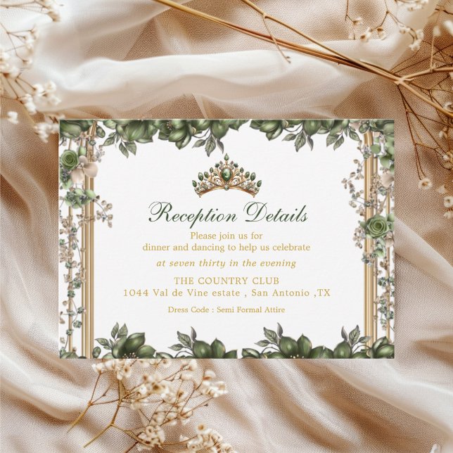 Tarjeta De Recepción Elegant Green Golden Tiara Floral Quinceañera (Subido por el creador)