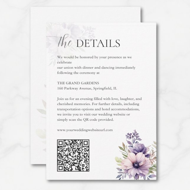 Tarjeta De Recepción Elegant Lavender Floral Wedding Details QR Code  (Subido por el creador)