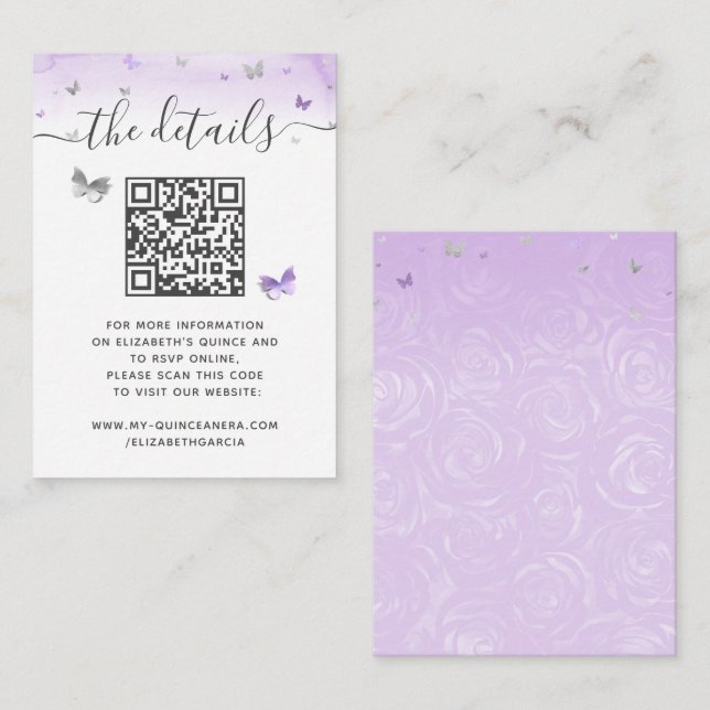Tarjeta De Recepción Elegant Light Purple Silver Butterfly RSVP QR Code (Anverso / Reverso)