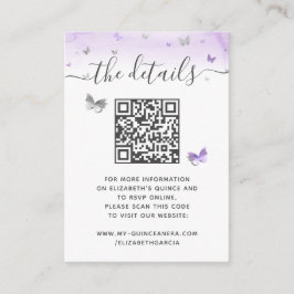 Tarjeta De Recepción Elegant Light Purple Silver Butterfly RSVP QR Code