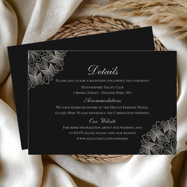 Tarjeta De Recepción Elegant Mandala Indian Boho Black Wedding Details (Subido por el creador)