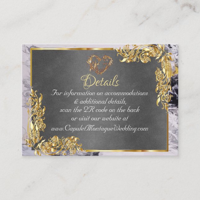 Tarjeta De Recepción Elegant Marble, Grey, Gold Frame, Gold Heart (Anverso)