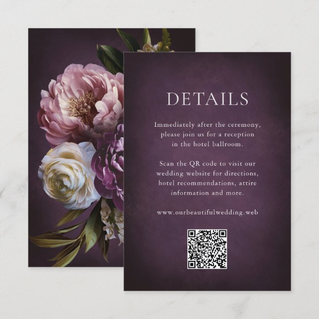 Tarjeta De Recepción Elegant Maximalist Purple Floral QR Code Wedding (Anverso / Reverso)