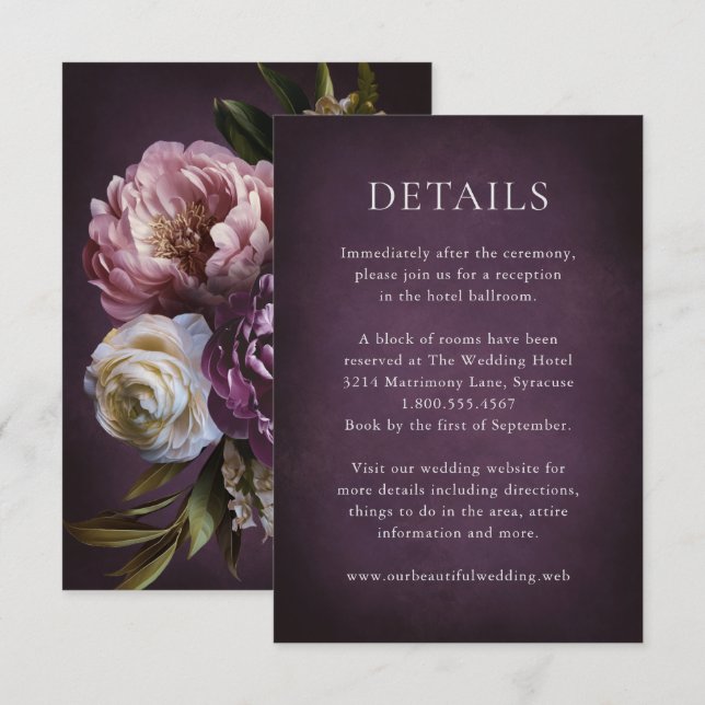 Tarjeta De Recepción Elegant Maximalist Purple Floral Wedding (Anverso / Reverso)