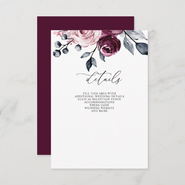 Tarjeta De Recepción Elegant Modern Burgundy Floral Wedding (Anverso / Reverso)