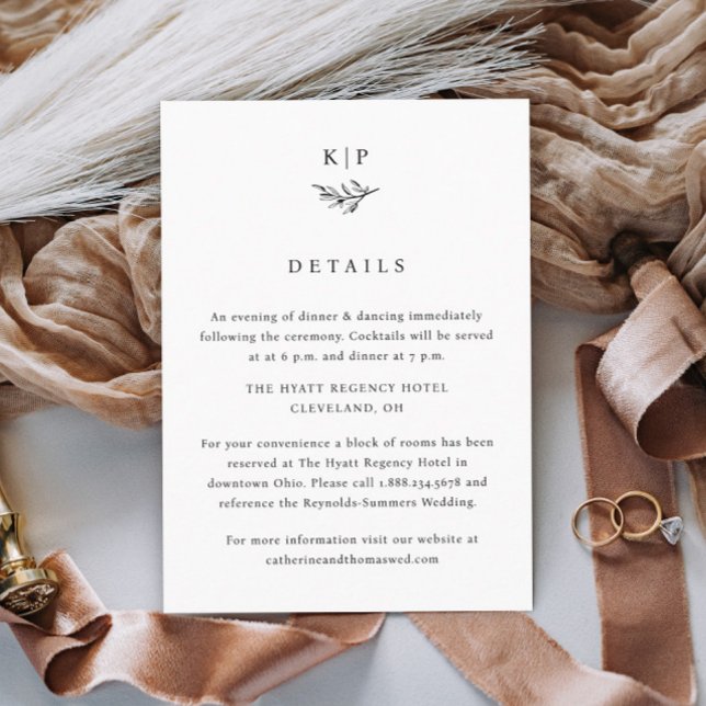 Tarjeta De Recepción Elegant Monogram Greenery Leaves Wedding Details (Simple wedding monogram with greenery wedding details enclosure cards.)