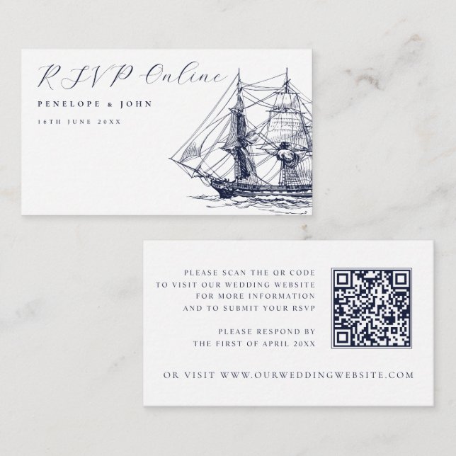 Tarjeta De Recepción Elegant Nautical Ship Illustration Wedding Website (Anverso / Reverso)