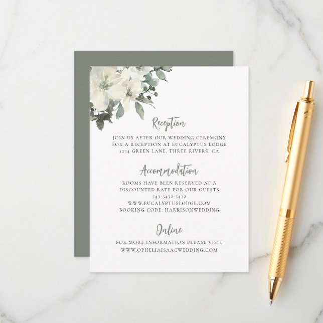 Tarjeta De Recepción Elegant Olive Green Floral Wedding Enclosure Card (Anverso/Reverso In Situ)