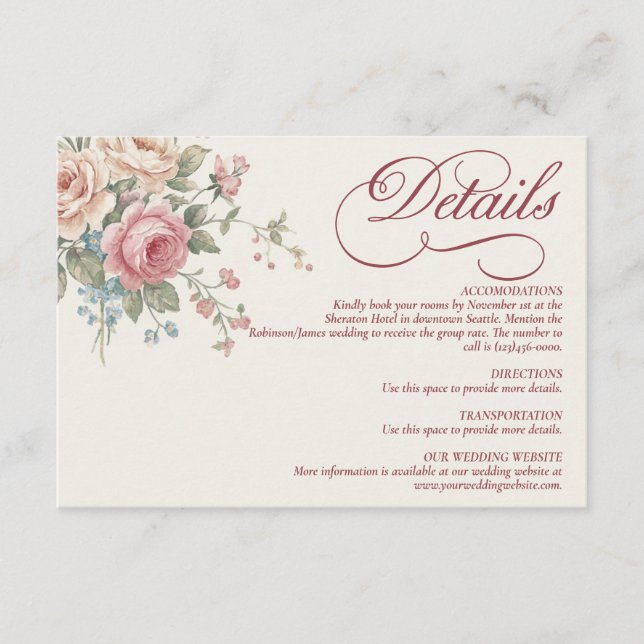 Tarjeta De Recepción Elegant Pastel Roses Shabby Chic Wedding (Anverso)