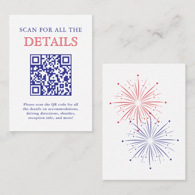 Tarjeta De Recepción Elegant Patriotic Fireworks Wedding Detail QR Code (Anverso / Reverso)