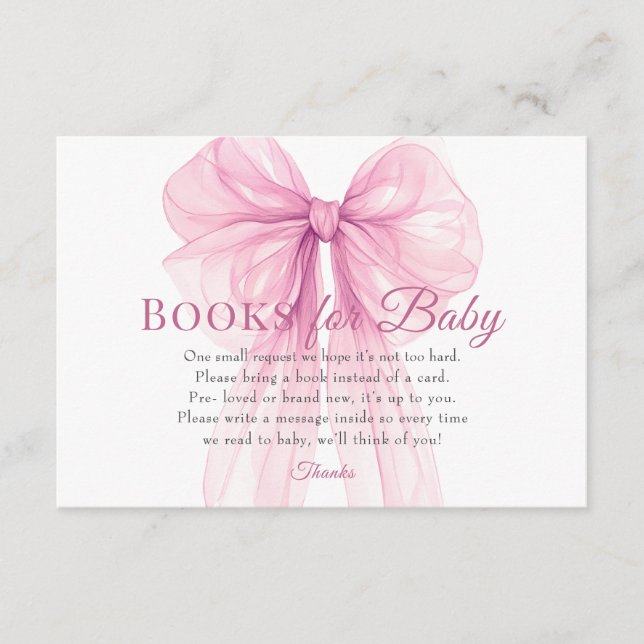Tarjeta De Recepción Elegant Pink Bow Books for Baby Request Card (Anverso)