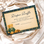 Tarjeta De Recepción Elegant Preppy Teddy Bear Diapper Raffle<br><div class="desc">A charming preppy baby shower design featuring a sweet teddy bear dressed in a classic green plaid jacket and bow tie. Above the bear, a delicate clothesline displays tiny baby clothes and shoes, creating a nostalgic storybook nursery scene. The deep navy background and subtle tartan border add a refined, vintage-inspired...</div>