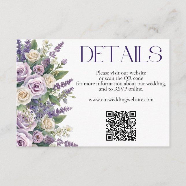 Tarjeta De Recepción Elegant Purple Lavender Roses Wedding Website QR (Anverso)