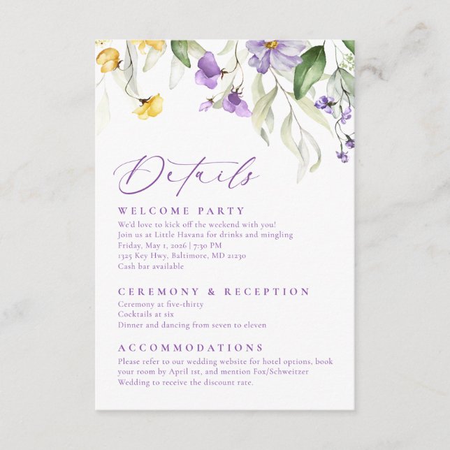 Tarjeta De Recepción Elegant Purple Watercolor Floral Wedding (Anverso)