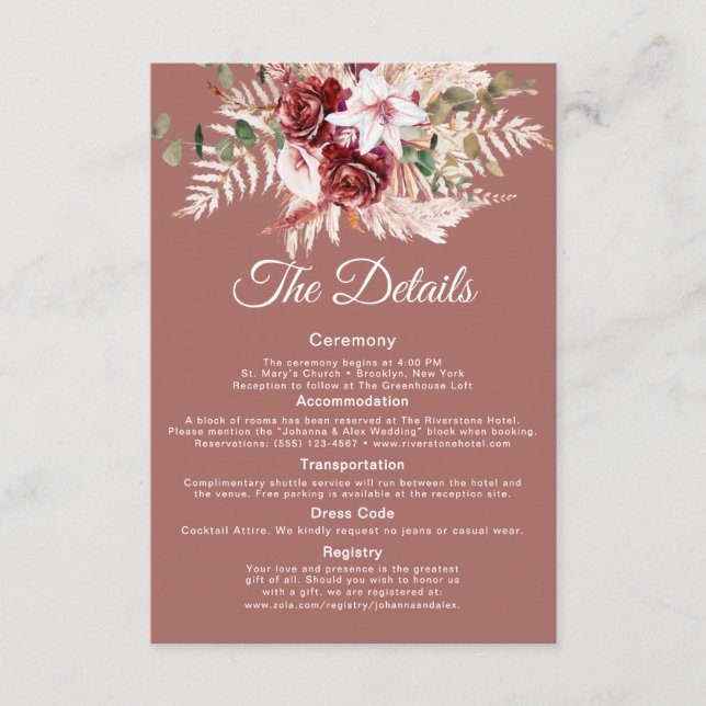 Tarjeta De Recepción Elegant QR Code Wedding Info Card | Dusty Rosewood (Anverso)