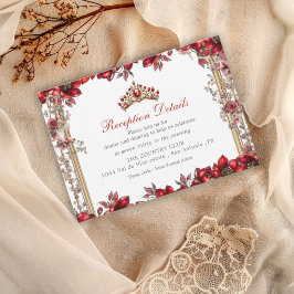 Tarjeta De Recepción Elegant Red Golden Tiara Floral Quinceañera