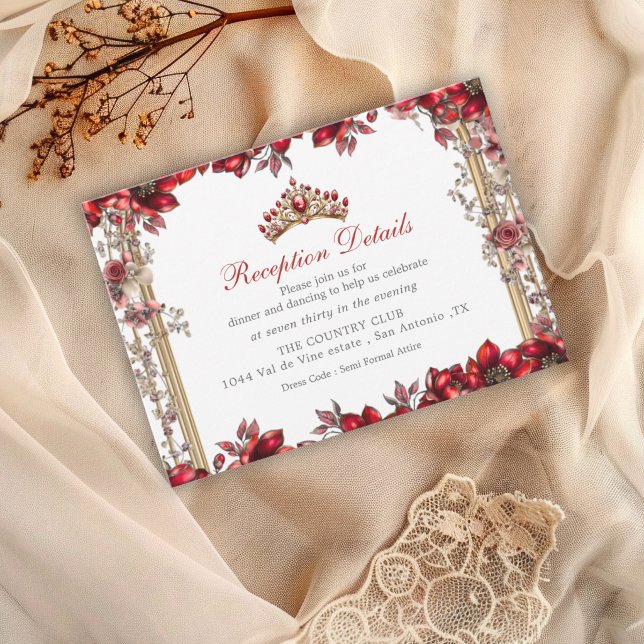 Tarjeta De Recepción Elegant Red Golden Tiara Floral Quinceañera (Subido por el creador)