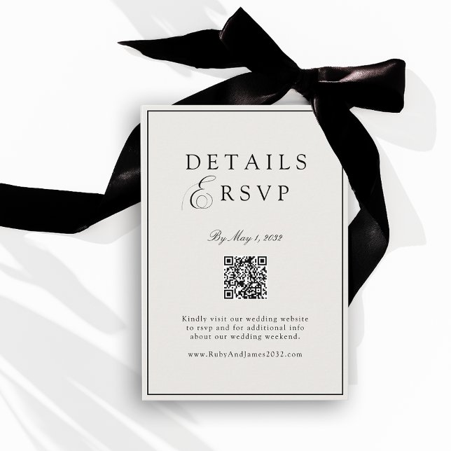 Tarjeta De Recepción Elegant Royal Ivory & Black QR Code Wedding RSVP  (Elegant Royal Ivory & Black QR Code Wedding RSVP Enclosure Card)