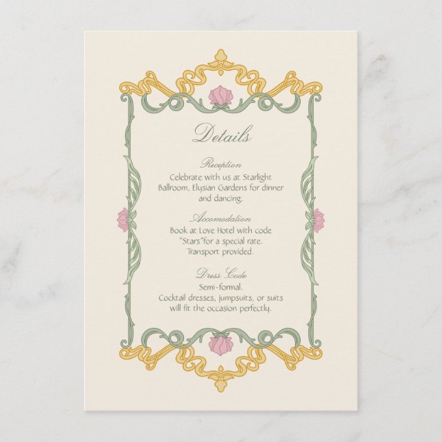 Tarjeta De Recepción Elegant Sage Green and Gold Art Nouveau (Anverso)