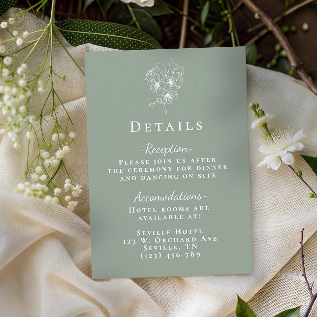 Tarjeta De Recepción Elegant Sage Green Botanical Wedding Details (Elegant Sage Green Botanical Wedding Details Enclosure Card)