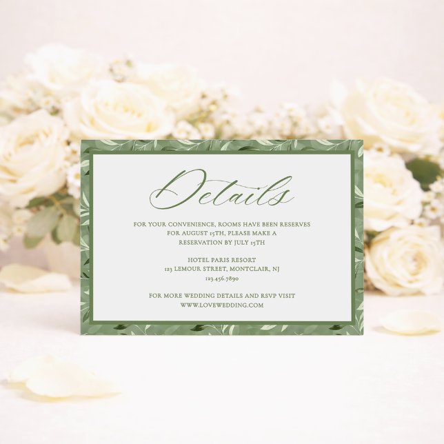 Tarjeta De Recepción Elegant Sage Green Botanical Wedding Details (Subido por el creador)