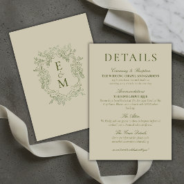 Tarjeta De Recepción Elegant Sage Green Crest Monogram Wedding Details