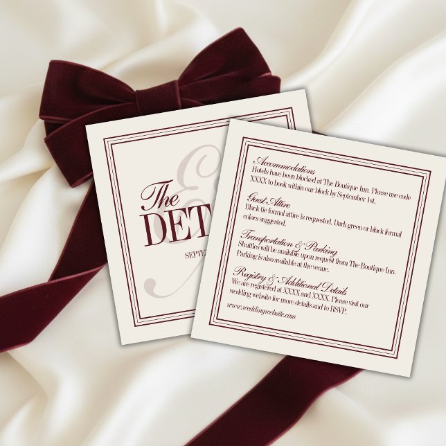 Tarjeta De Recepción Elegant Script Burgundy Red Formal Wedding Details (Elegant Script Burgundy Red Formal Wedding Details Enclosure Card)