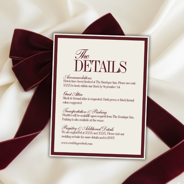 Tarjeta De Recepción Elegant Script Burgundy Red Formal Wedding Details (Elegant Script Burgundy Red Formal Wedding Details Enclosure Card)