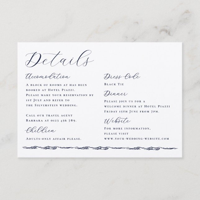 Tarjeta De Recepción Elegant Script Wave Illustration Wedding Details (Anverso)