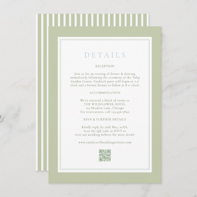 Tarjeta De Recepción Elegant Stripes Sage Wedding Details Card (Anverso / Reverso)