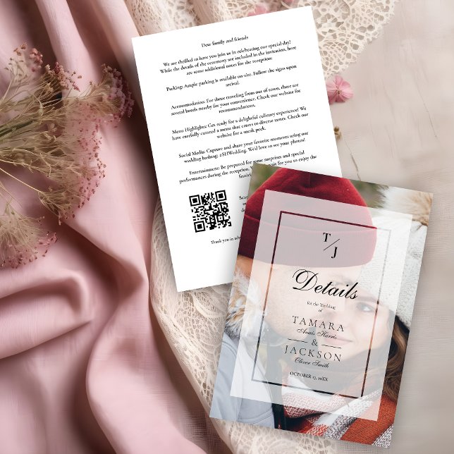 Tarjeta De Recepción Elegant Vellum Transparency Wedding Initials Photo (Elegant Vellum Transparency Wedding Initials Photo Enclosure Card.)