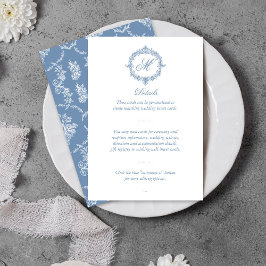 Tarjeta De Recepción Elegant Vintage Blue Toile Monogram Wedding