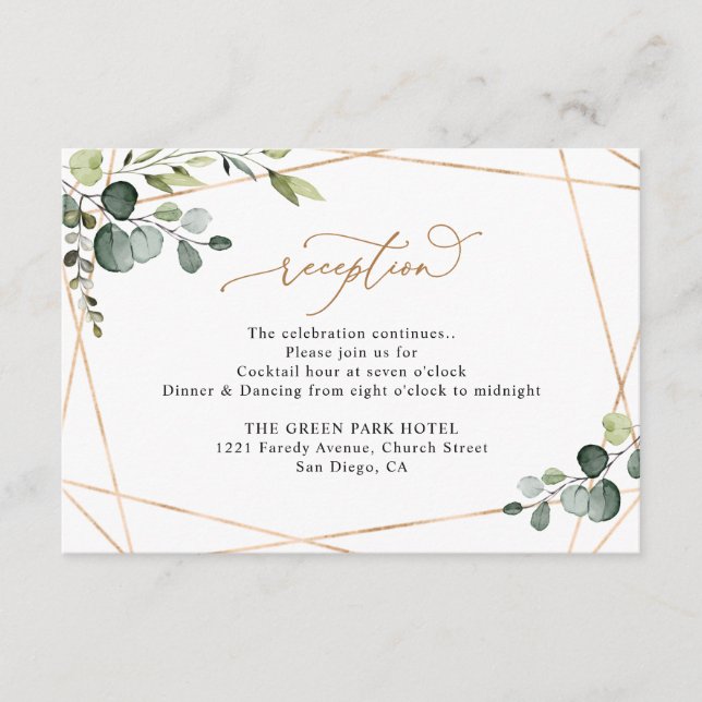 Tarjeta De Recepción Elegant Watercolor Greenery Gold Wedding Reception (Anverso)