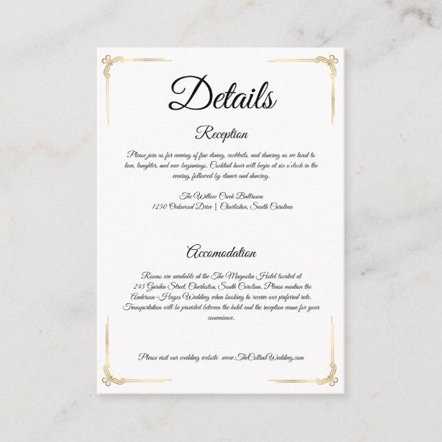 Tarjeta De Recepción Elegant Wedding Enclosure Card Gold Details Insert (Anverso)