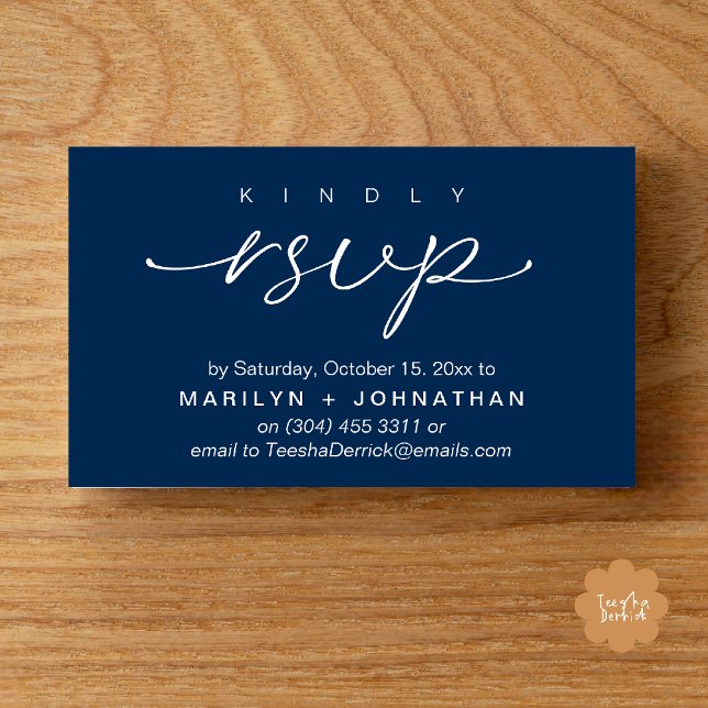 Tarjeta De Recepción Elegant Wedding Invites RSVP via Phone or Email (Elegant Wedding Invites RSVP via Phone or Email Card in navy blue)
