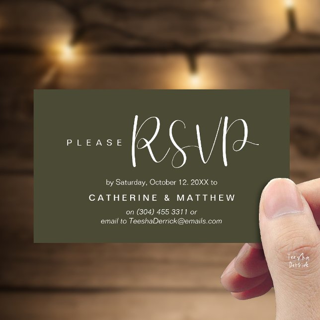 Tarjeta De Recepción  Elegant "Wedding RSVP" Reminder Details (Elegant "Wedding RSVP" Reminder Details Enclosure Card Olive Green)