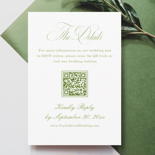 Tarjeta De Recepción Elegant White and Green Wedding Details Qr Code (Subido por el creador)