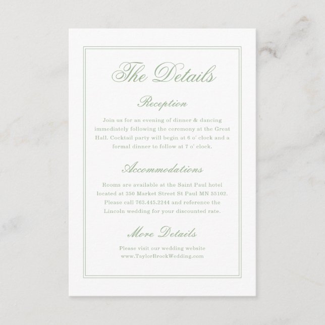 Tarjeta De Recepción Elegant White and Sage Green Wedding Details  (Anverso)