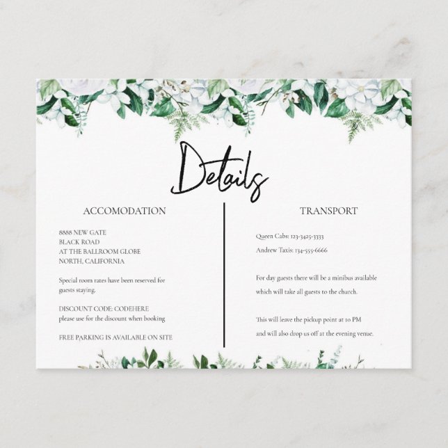 Tarjeta De Recepción Elegant White Floral and Greenery Wedding (Anverso)
