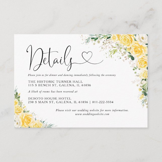 Tarjeta De Recepción Elegant Yellow Wedding Details Card (Anverso)
