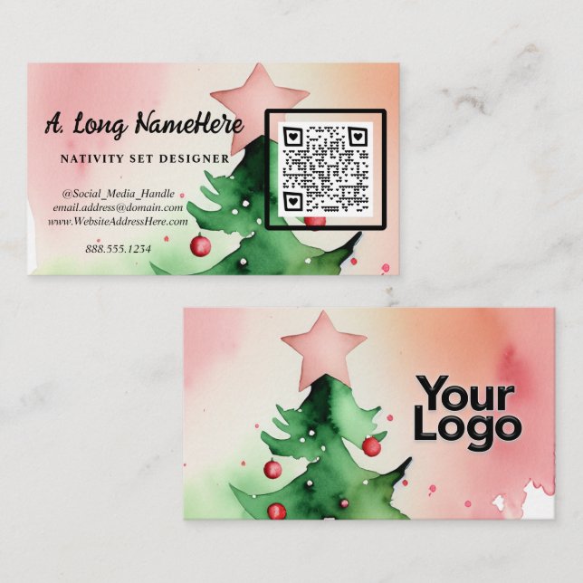 Tarjeta De Recepción Elegante acuarela Árbol de Navidad código QR (Anverso / Reverso)