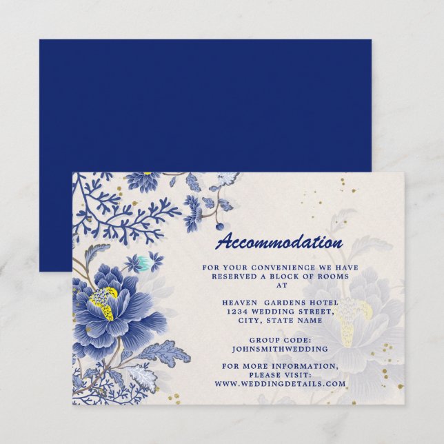 Tarjeta De Recepción Elegante acuarela Azul Floral Boda Botánico (Anverso / Reverso)