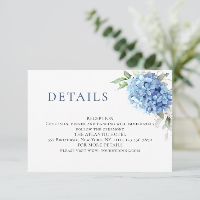 Tarjeta De Recepción Elegante acuarela azul Hydrangea Boda Detalles (Anverso de pie)