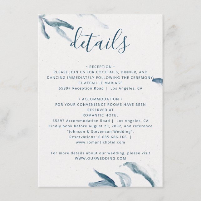 Tarjeta De Recepción Elegante acuarela azul simple boda botánico (Anverso)
