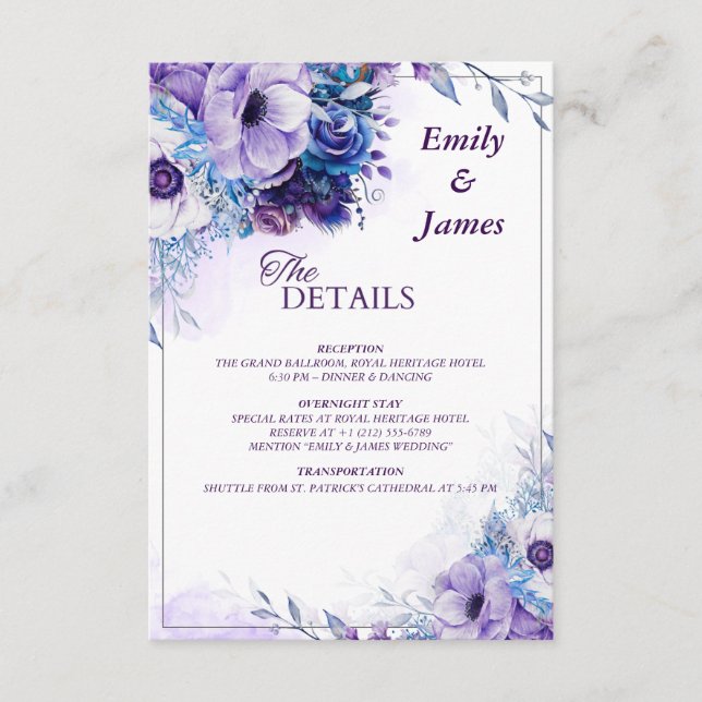 Tarjeta De Recepción Elegante acuarela Boda morado floral detalles (Anverso)