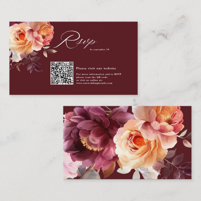 Tarjeta De Recepción Elegante acuarela Borgoña QR Boda de código RSVP (Anverso / Reverso)