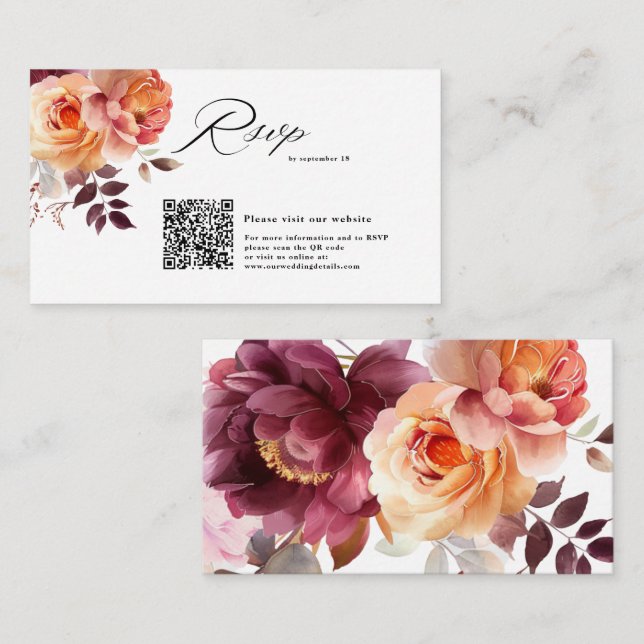 Tarjeta De Recepción Elegante acuarela Borgoña QR Boda de código RSVP (Anverso / Reverso)