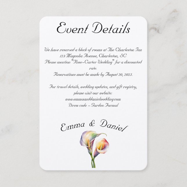 Tarjeta De Recepción Elegante acuarela Calla Lilies Romántico Floral (Anverso)