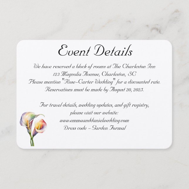 Tarjeta De Recepción Elegante acuarela Calla Lilies Romántico Floral (Anverso)